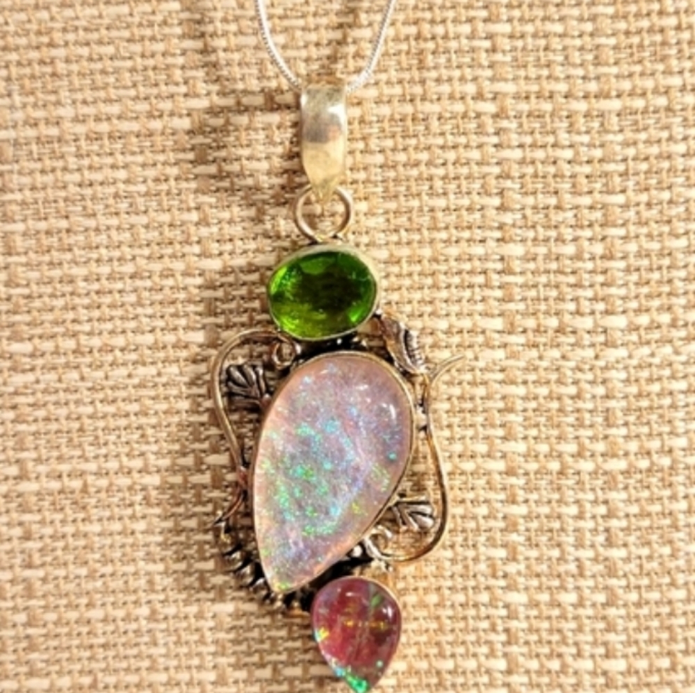 Hand Crafted Iridescent Opal Pendant with Green and Pink Accents